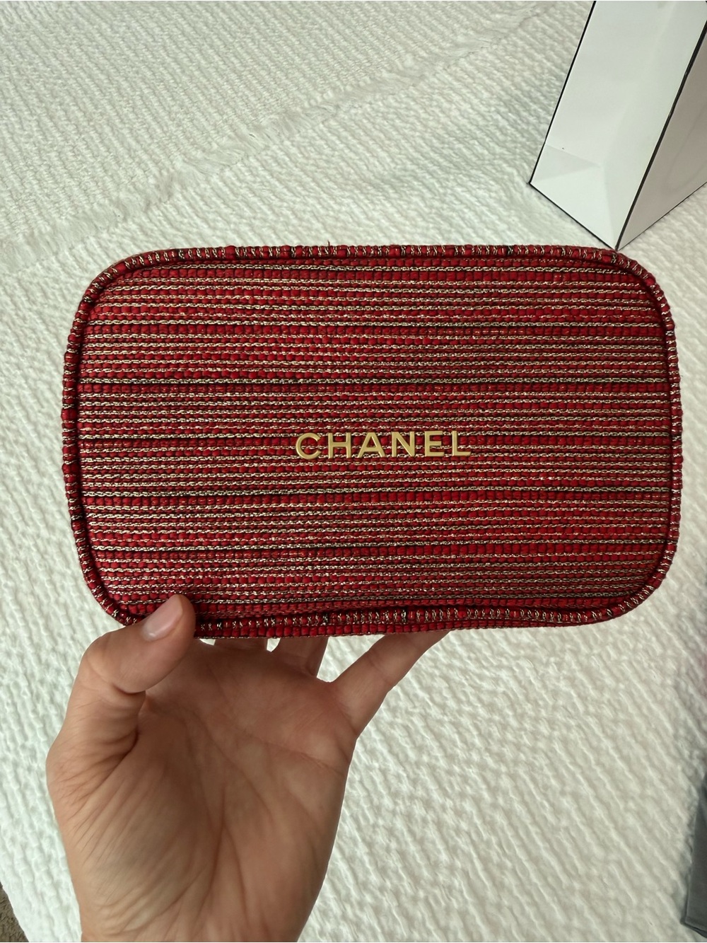 CHANEL Red and Gold Striped Phone Case Pouch